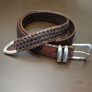 FOSSIL Men's 42" Brown Leather Braided Belt Silver Details
